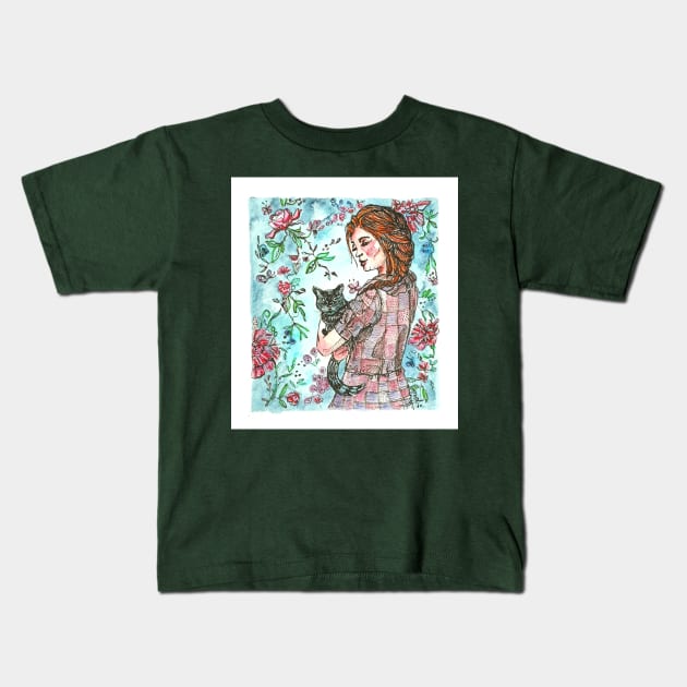 Vintage girl with black cat Kids T-Shirt by FirmbelieverArt